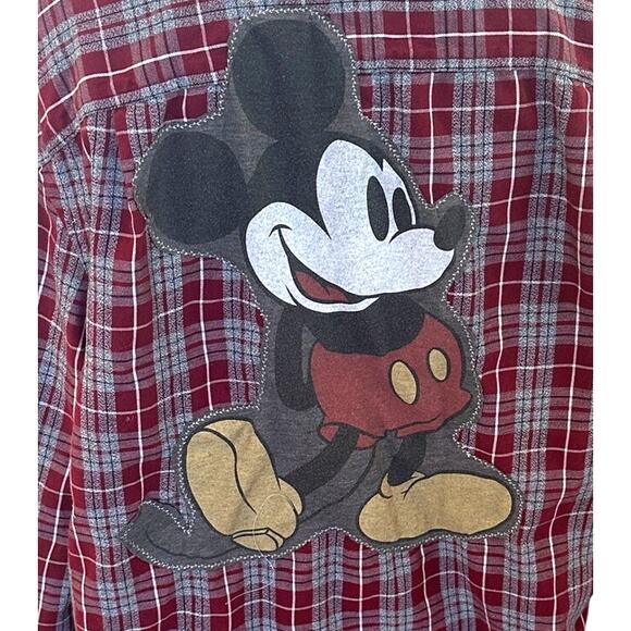 Mickey Mouse Flannel Plaid Shirt Shacket XL Red Oversize Unique Upcycled Disney - Picture 2 of 6